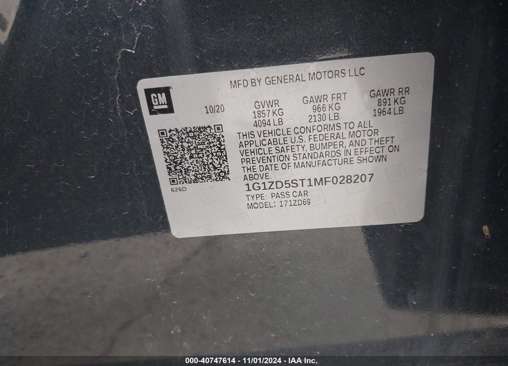 2021 CHEVROLET MALIBU FWD LT VIN: 1G1ZD5ST1MF028207