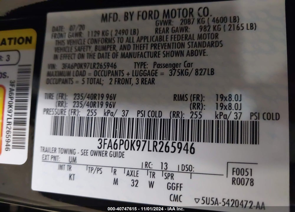 2020 FORD FUSION TITANIUM VIN: 3FA6P0K97LR265946
