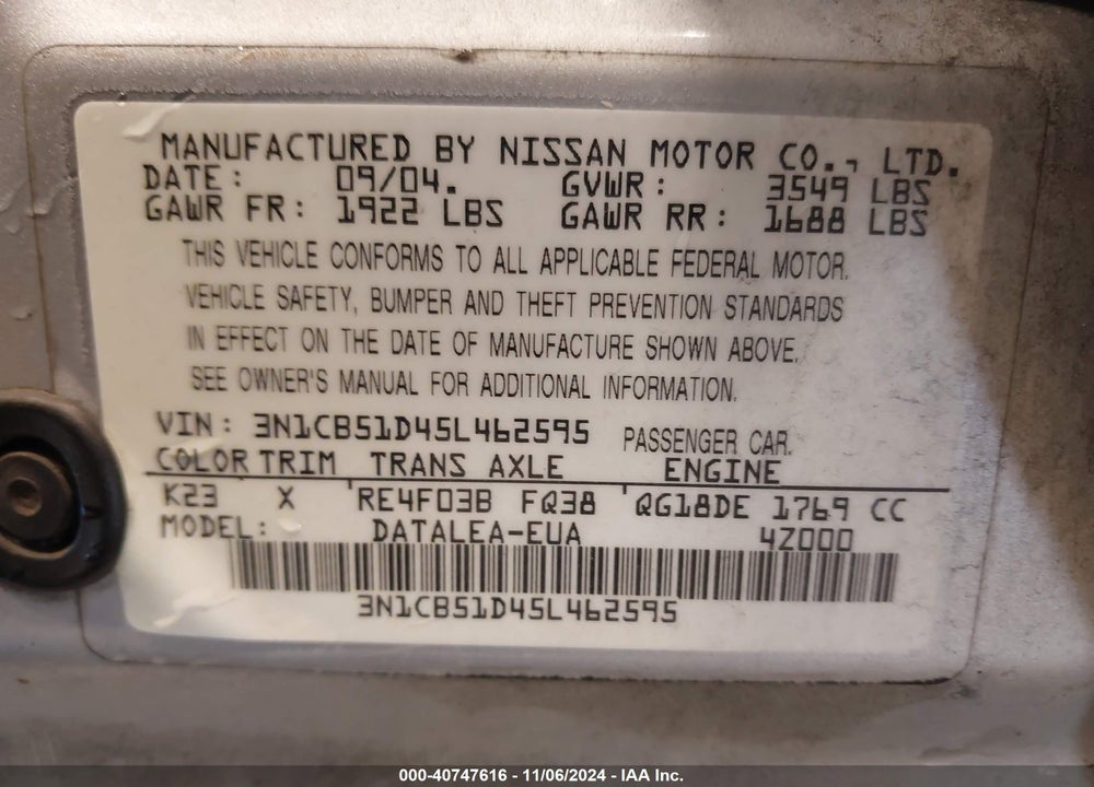 2005 NISSAN SENTRA 1.8S VIN: 3N1CB51D45L462595