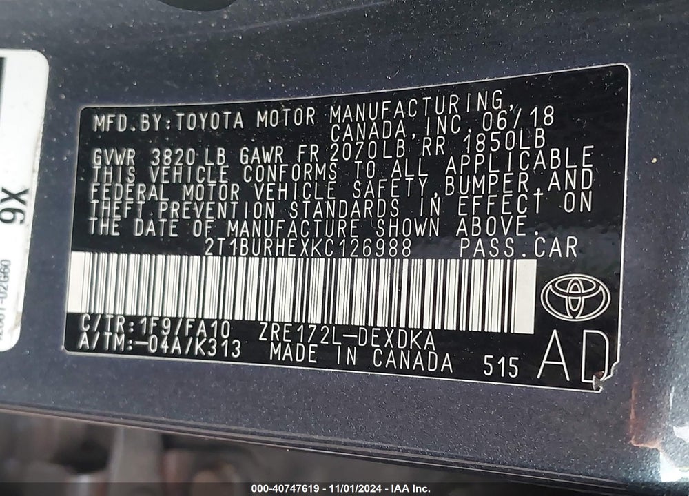 2019 TOYOTA COROLLA L VIN: 2T1BURHEXKC126988