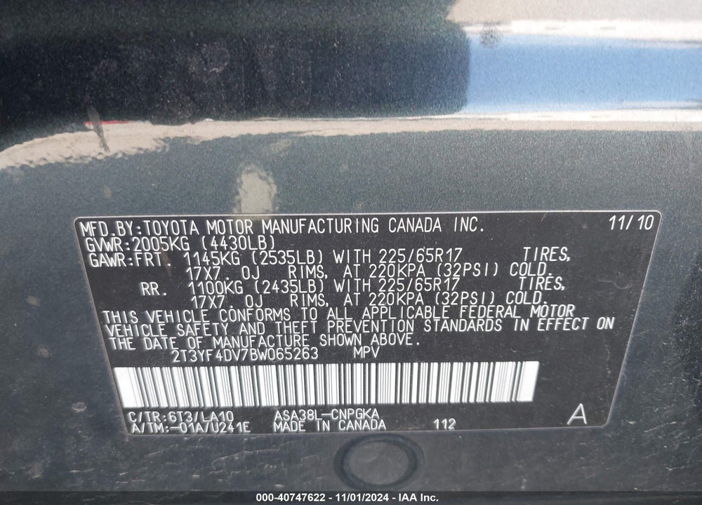 2011 TOYOTA RAV4 LIMITED VIN: 2T3YF4DV7BW065263