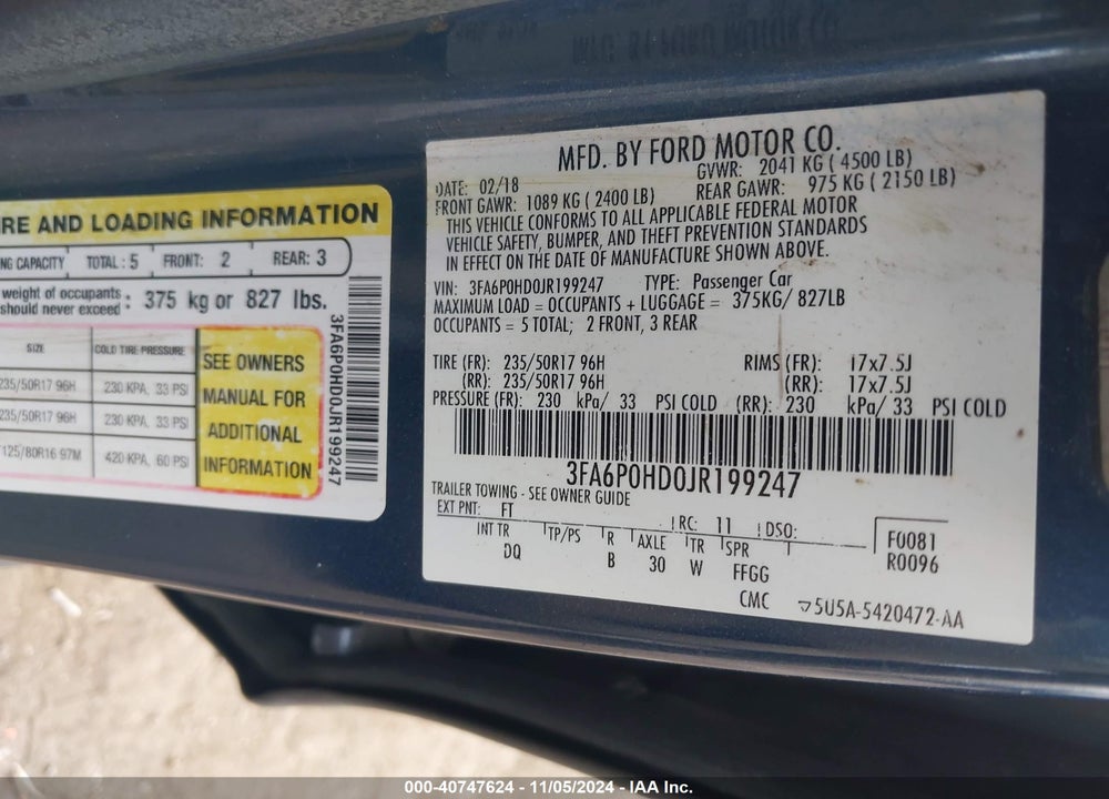 2018 FORD FUSION SE VIN: 3FA6P0HD0JR199247
