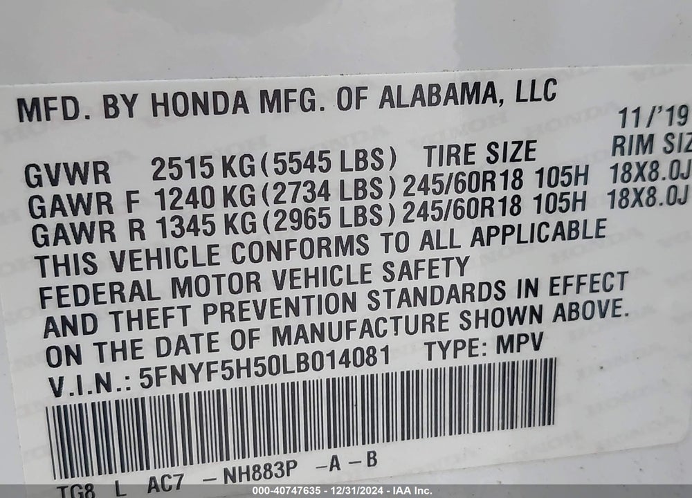 2020 HONDA PILOT 2WD EX-L VIN: 5FNYF5H50LB014081