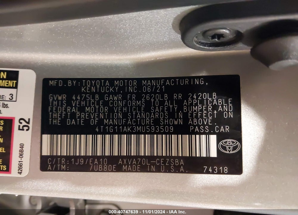 2021 TOYOTA CAMRY SE VIN: 4T1G11AK3MU593509