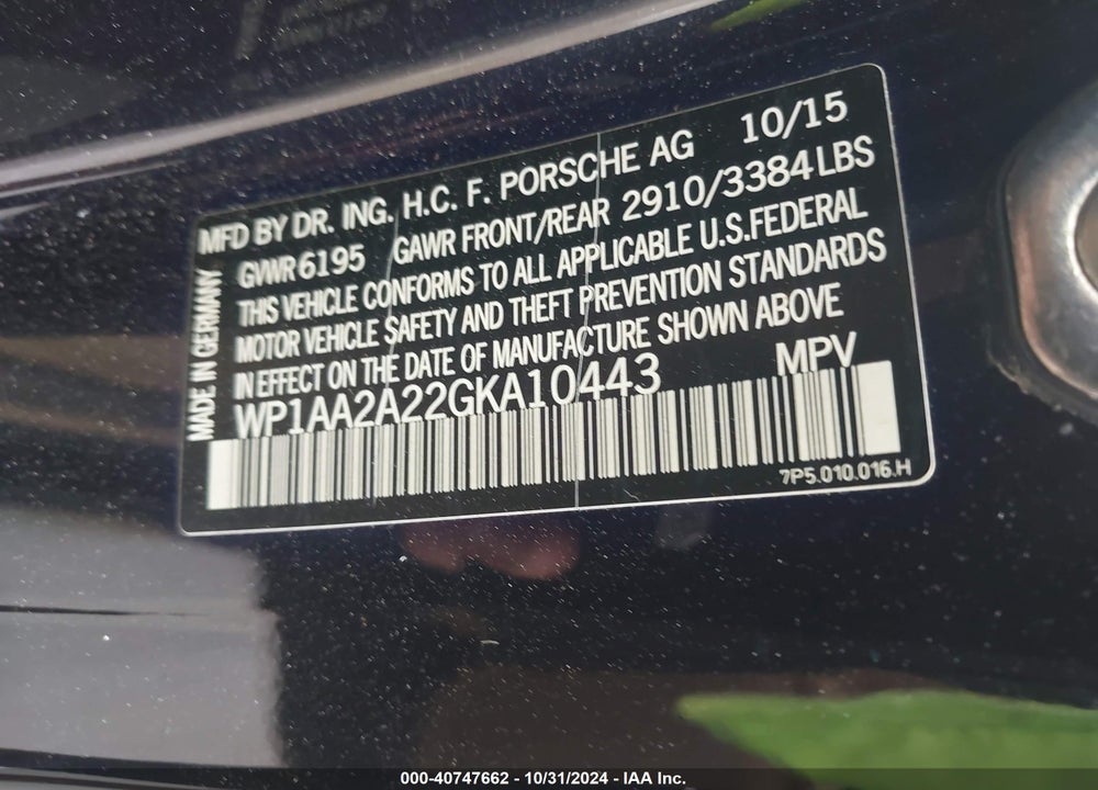 2016 PORSCHE CAYENNE VIN: WP1AA2A22GKA10443
