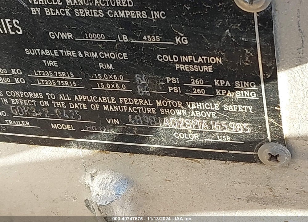 2021 UNDEFINED BLACK SERIES HQ19 TRAVEL TRAILER VIN: 4B9B1AD28MA165985