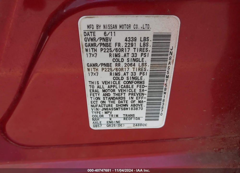 2011 NISSAN ROGUE SV VIN: JN8AS5MT5BW183870