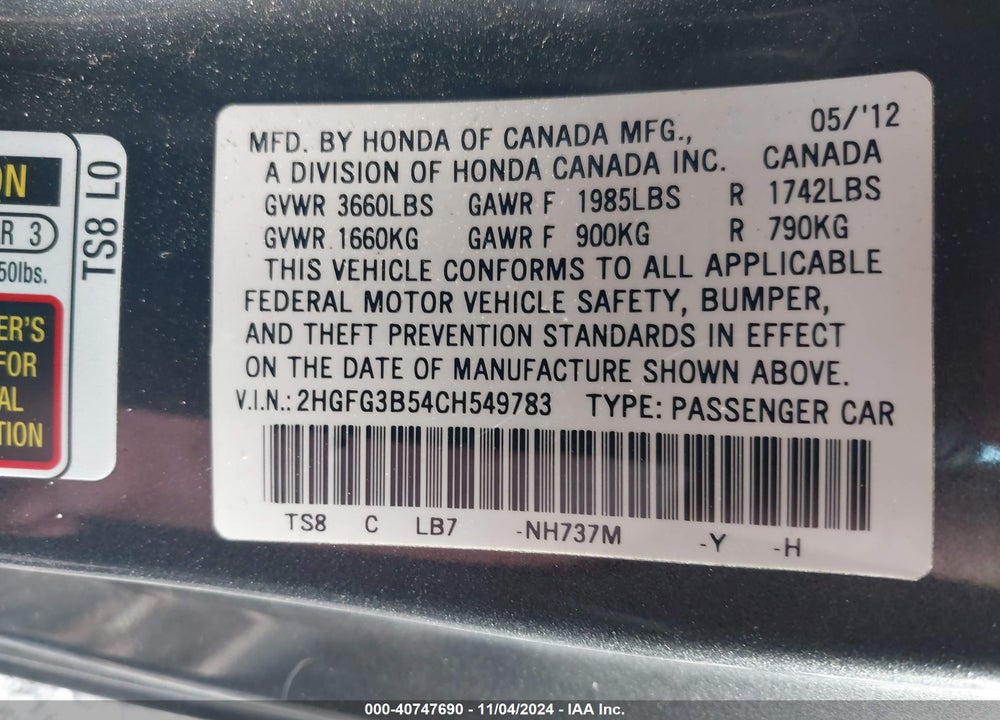 2012 HONDA CIVIC LX VIN: 2HGFG3B54CH549783