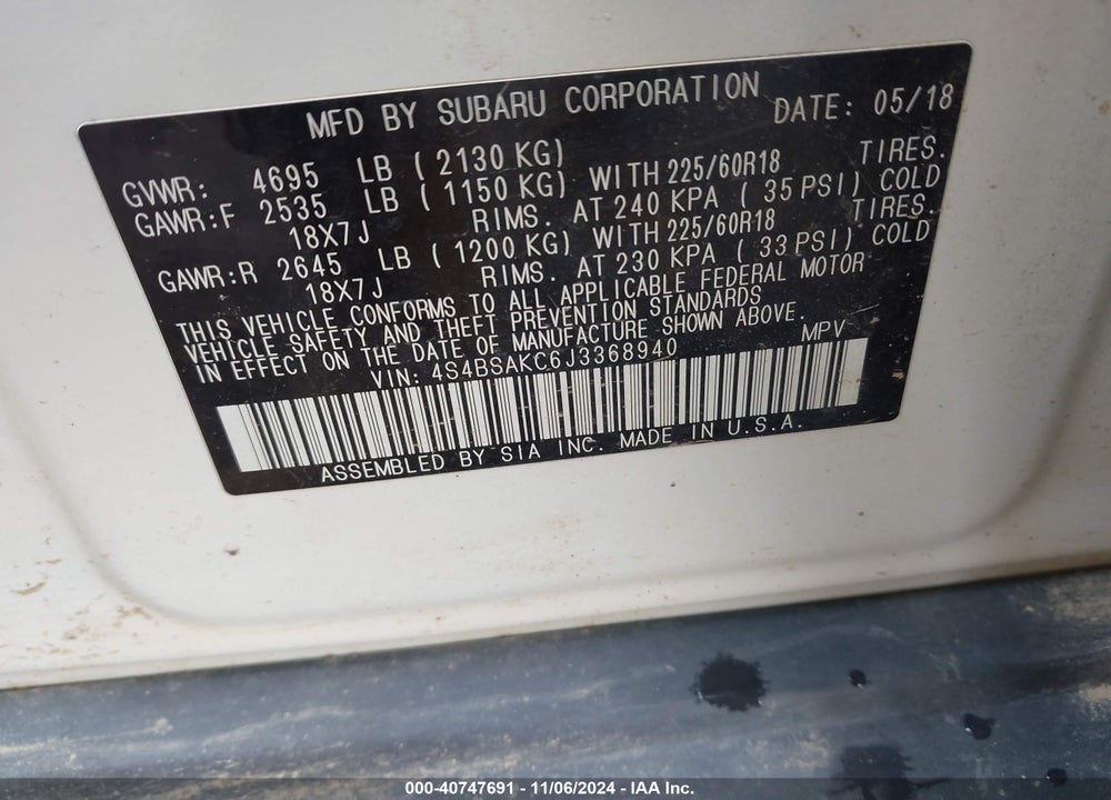 2018 SUBARU OUTBACK 2.5I LIMITED VIN: 4S4BSAKC6J3368940