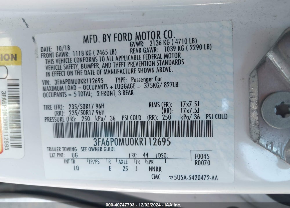 2019 FORD FUSION HYBRID SEL VIN: 3FA6P0MU0KR112695