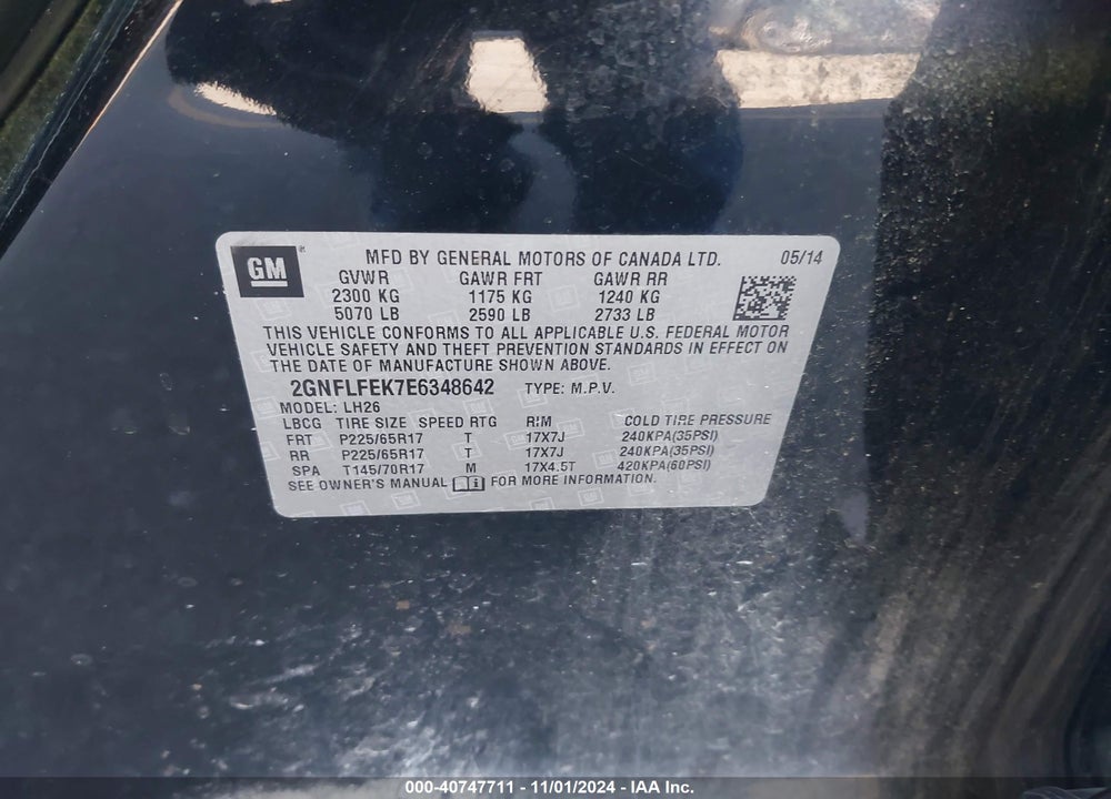 2014 CHEVROLET EQUINOX 1LT VIN: 2GNFLFEK7E6348642