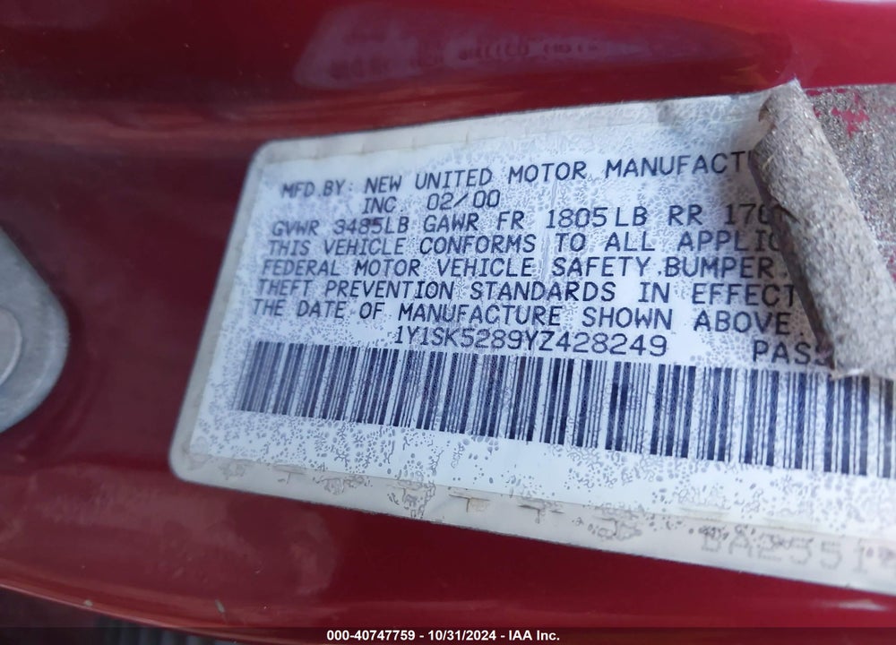 2000 CHEVROLET PRIZM VIN: 1Y1SK5289YZ428249