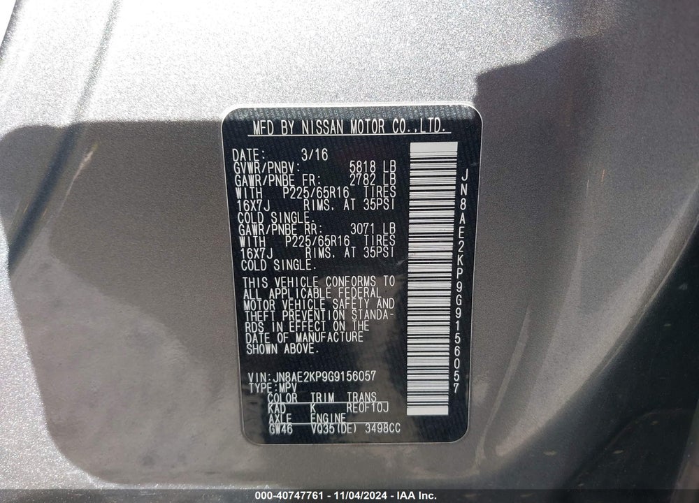 2016 NISSAN QUEST PLATINUM/S/SL/SV VIN: JN8AE2KP9G9156057