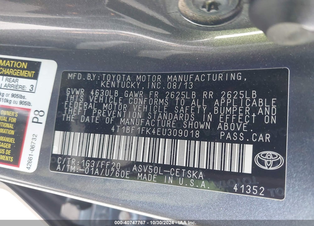 2014 TOYOTA CAMRY SE SPORT VIN: 4T1BF1FK4EU309018