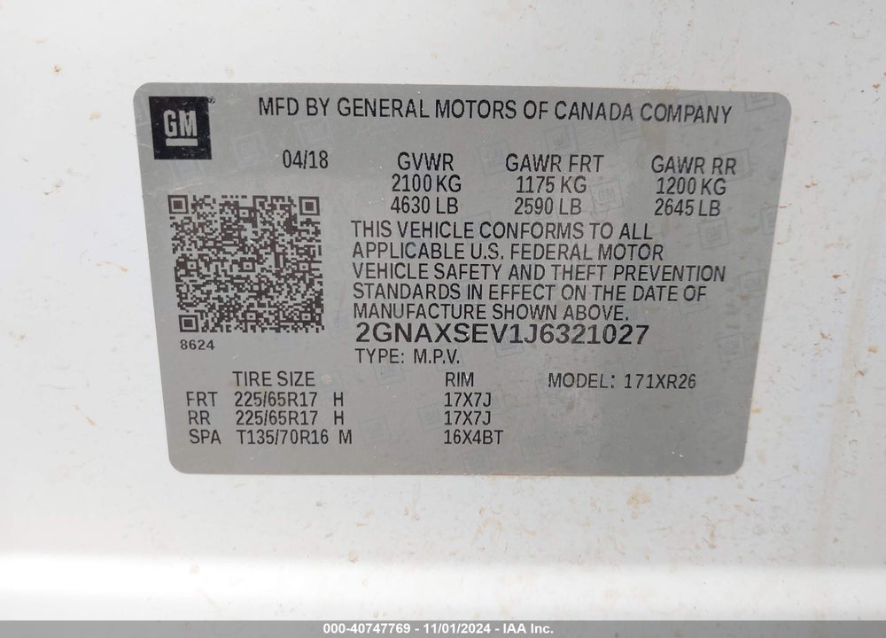 2018 CHEVROLET EQUINOX LT VIN: 2GNAXSEV1J6321027
