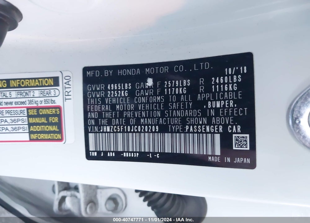 2018 HONDA CLARITY PLUG-IN HYBRID VIN: JHMZC5F10JC020209