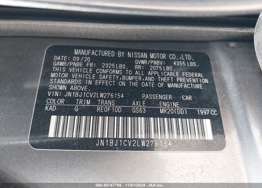 2020 NISSAN ROGUE SPORT S FWD XTRONIC CVT VIN: JN1BJ1CV2LW276154