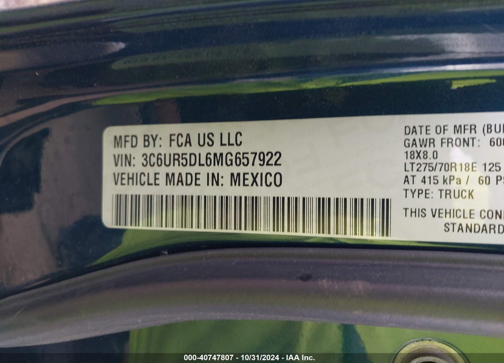 2021 RAM 2500 BIG HORN 4X4 6'4 BOX VIN: 3C6UR5DL6MG657922