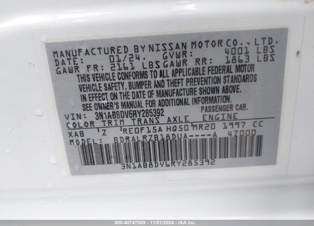 2024 NISSAN SENTRA SR XTRONIC CVT VIN: 3N1AB8DV6RY285392