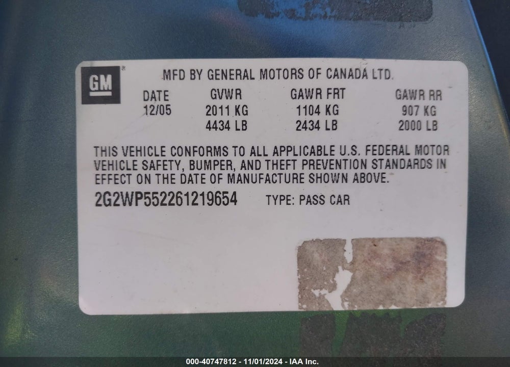 2006 PONTIAC GRAND PRIX VIN: 2G2WP552261219654