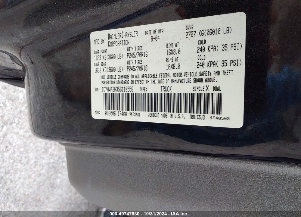 2005 DODGE DAKOTA SLT VIN: 1D7HW42N35S110558
