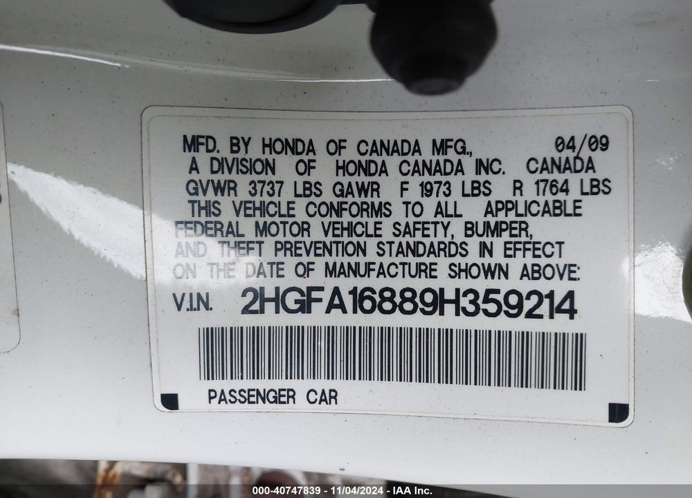 2009 HONDA CIVIC EX VIN: 2HGFA16889H359214