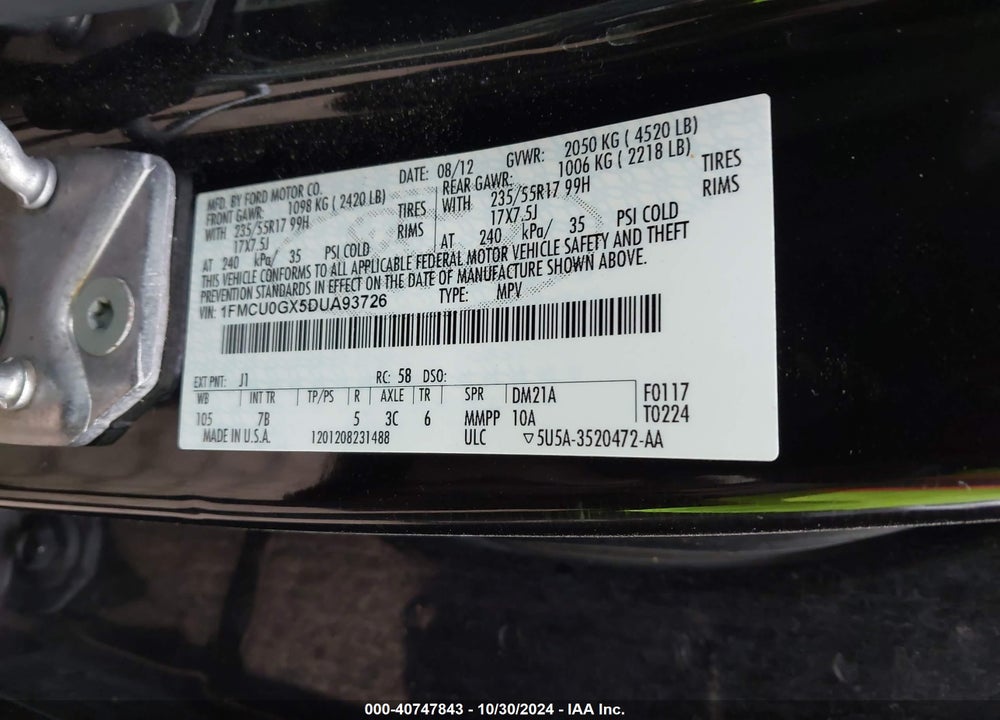 2013 FORD ESCAPE SE VIN: 1FMCU0GX5DUA93726