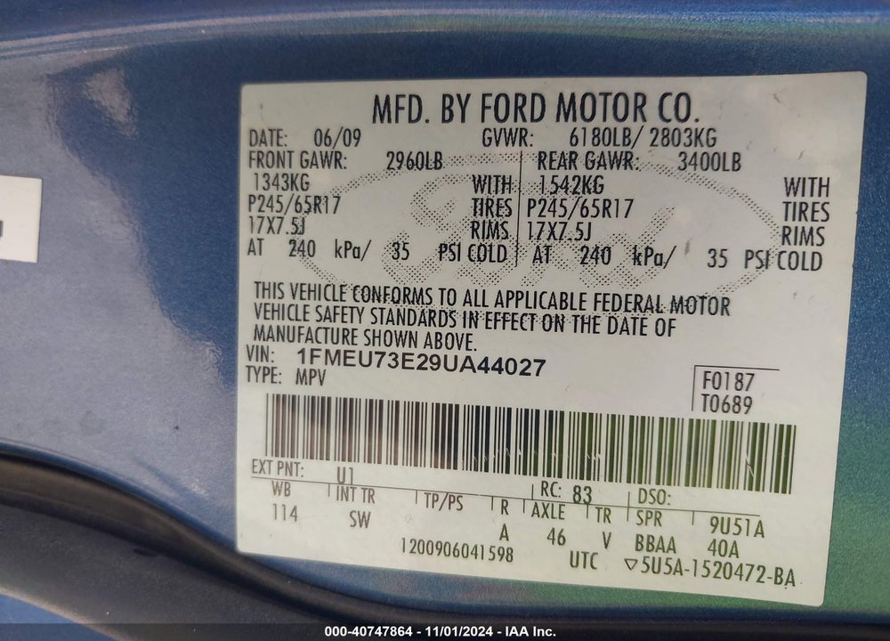 2009 FORD EXPLORER XLT VIN: 1FMEU73E29UA44027