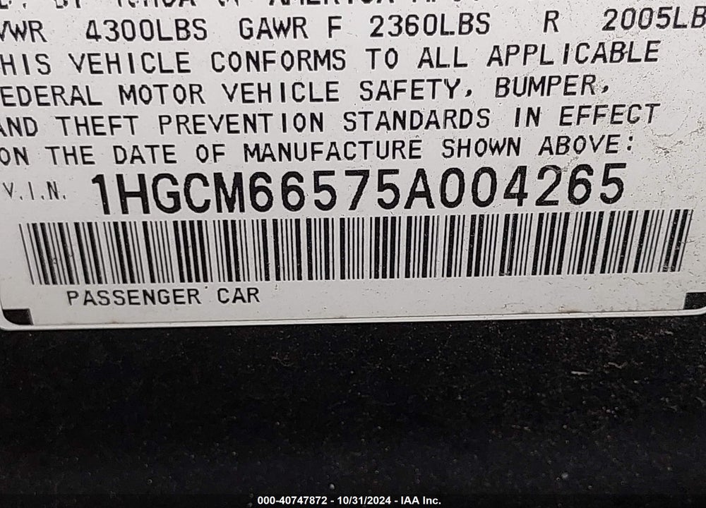 2005 HONDA ACCORD 3.0 EX VIN: 1HGCM66575A004265