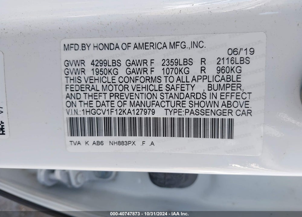 2019 HONDA ACCORD LX VIN: 1HGCV1F12KA127979