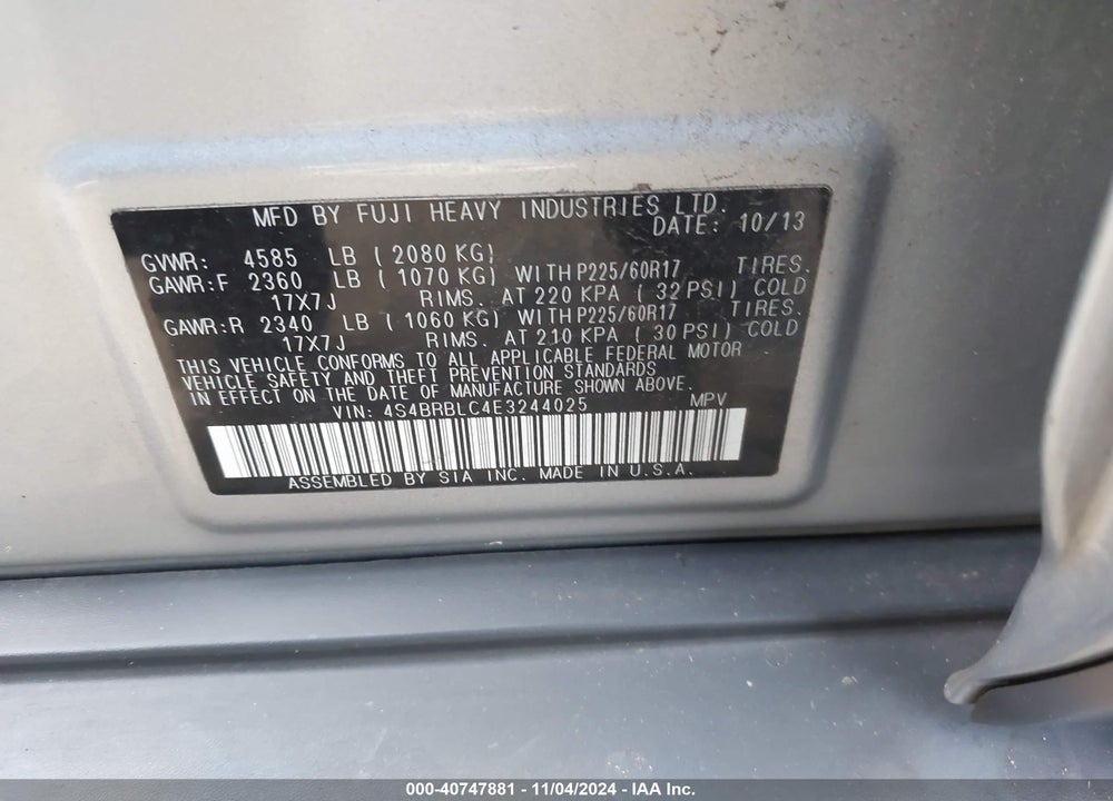2014 SUBARU OUTBACK 2.5I LIMITED VIN: 4S4BRBLC4E3244025