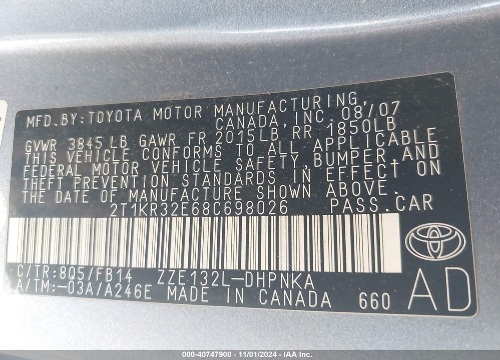 2008 TOYOTA MATRIX/XR VIN: 2T1KR32E68C698026