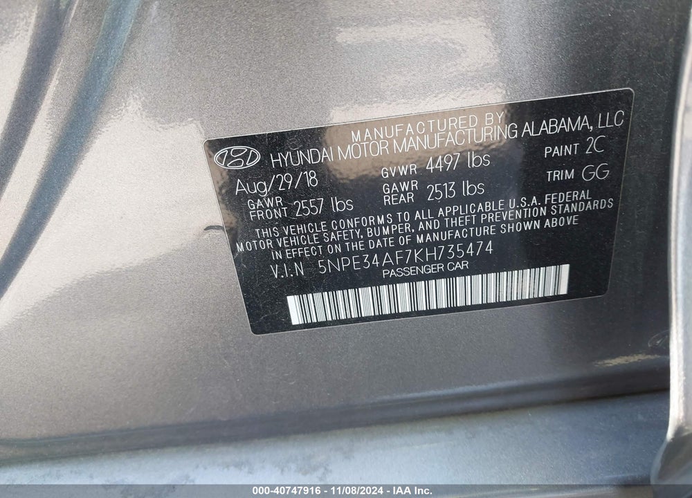 2019 HYUNDAI SONATA SEL VIN: 5NPE34AF7KH735474