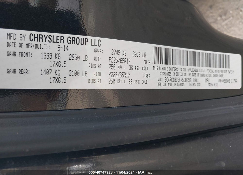 2015 CHRYSLER TOWN & COUNTRY TOURING VIN: 2C4RC1BG3FR538298