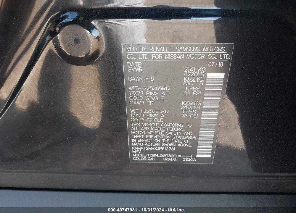2018 NISSAN ROGUE SV VIN: KNMAT2MVXJP612731