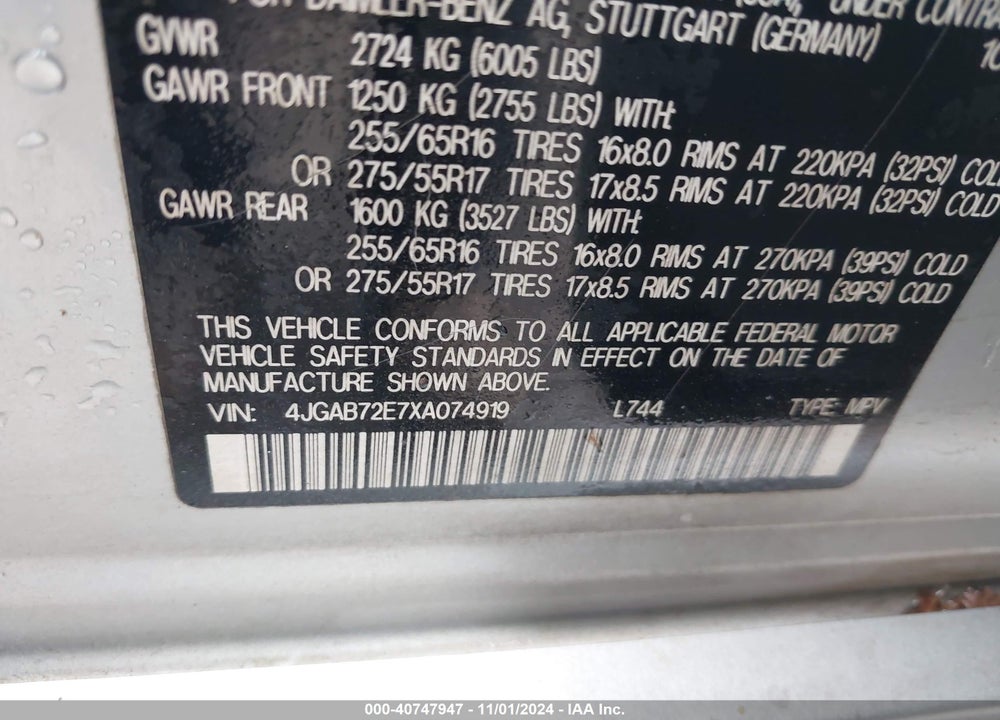 1999 MERCEDES-BENZ ML 430 VIN: 4JGAB72E7XA074919