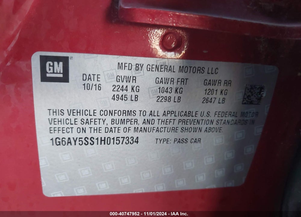 2017 CADILLAC CTS VIN: 1G6AY5SS1H0157334