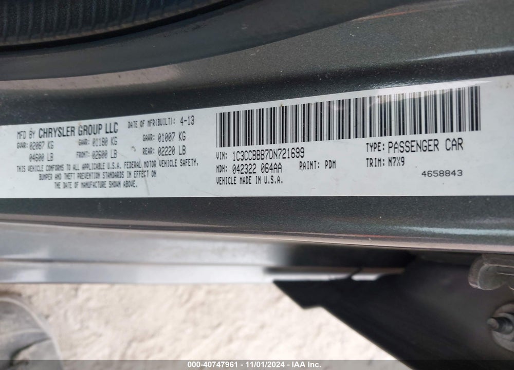 2013 CHRYSLER 200 TOURING VIN: 1C3CCBBB7DN721699
