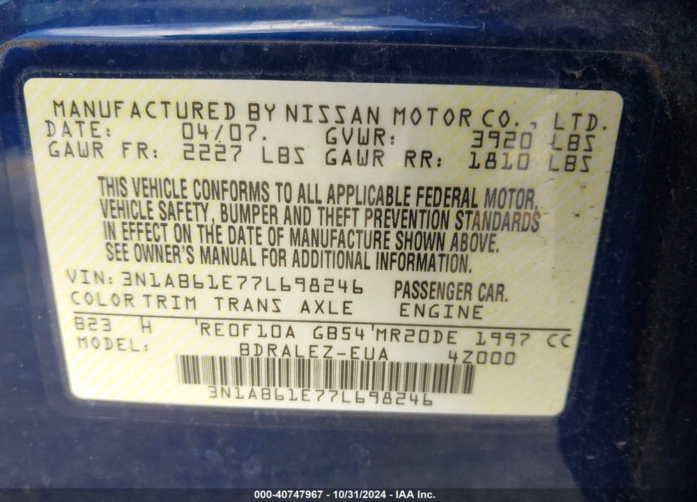 2007 NISSAN SENTRA 2.0S VIN: 3N1AB61E77L698246