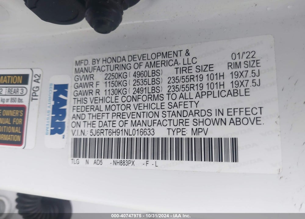 2022 HONDA CR-V HYBRID TOURING VIN: 5J6RT6H91NL016633