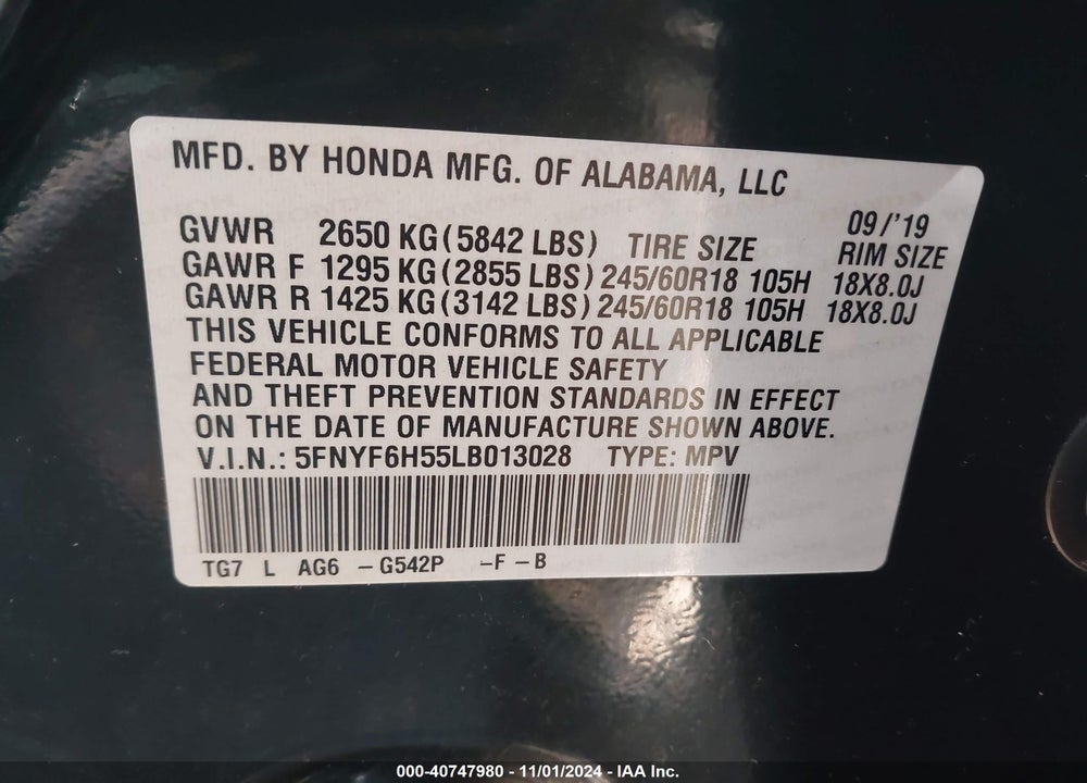 2020 HONDA PILOT AWD EX-L VIN: 5FNYF6H55LB013028
