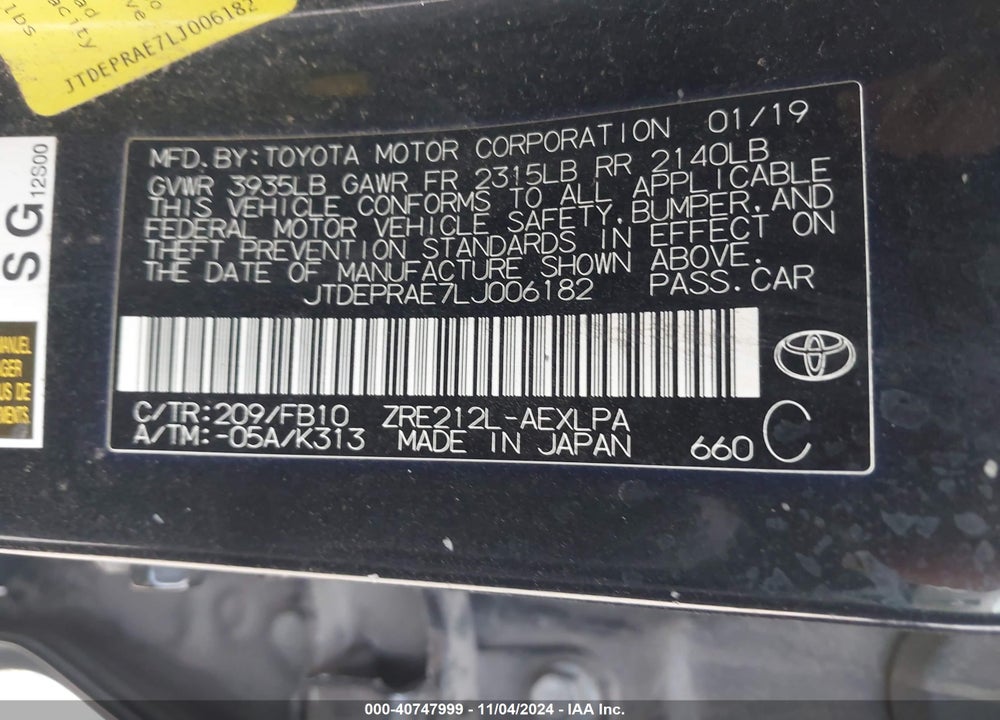2020 TOYOTA COROLLA LE VIN: JTDEPRAE7LJ006182