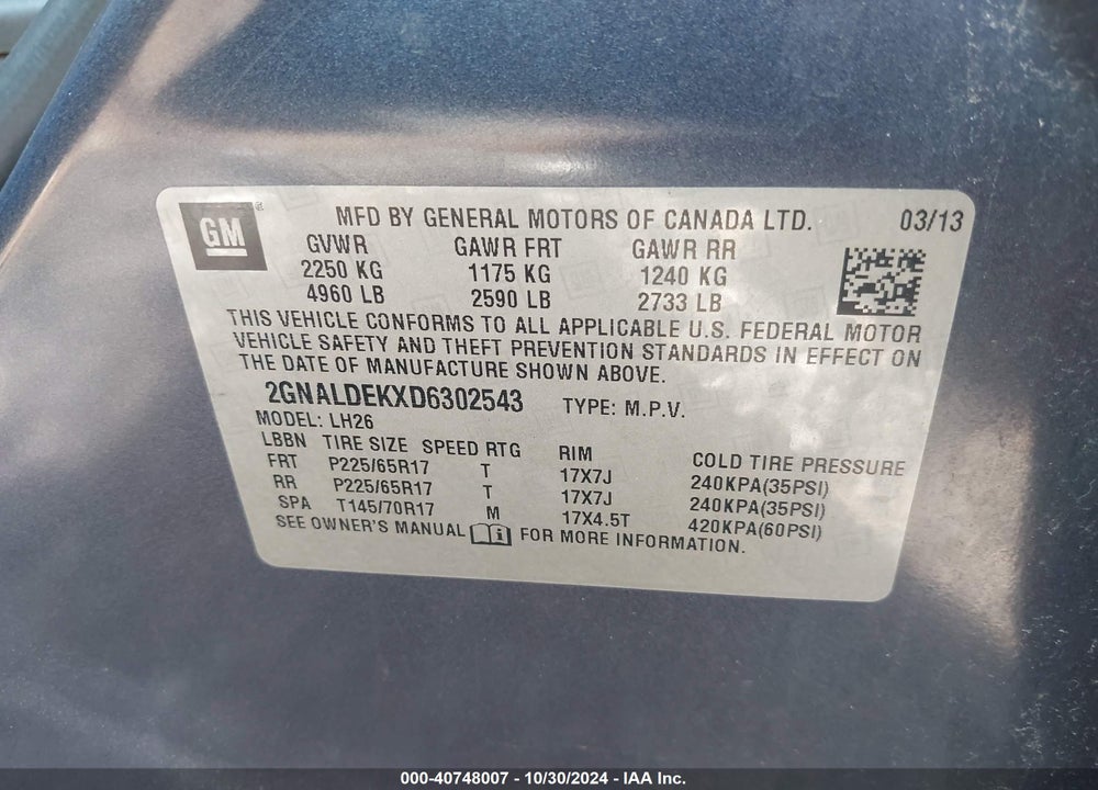 2013 CHEVROLET EQUINOX 1LT VIN: 2GNALDEKXD6302543