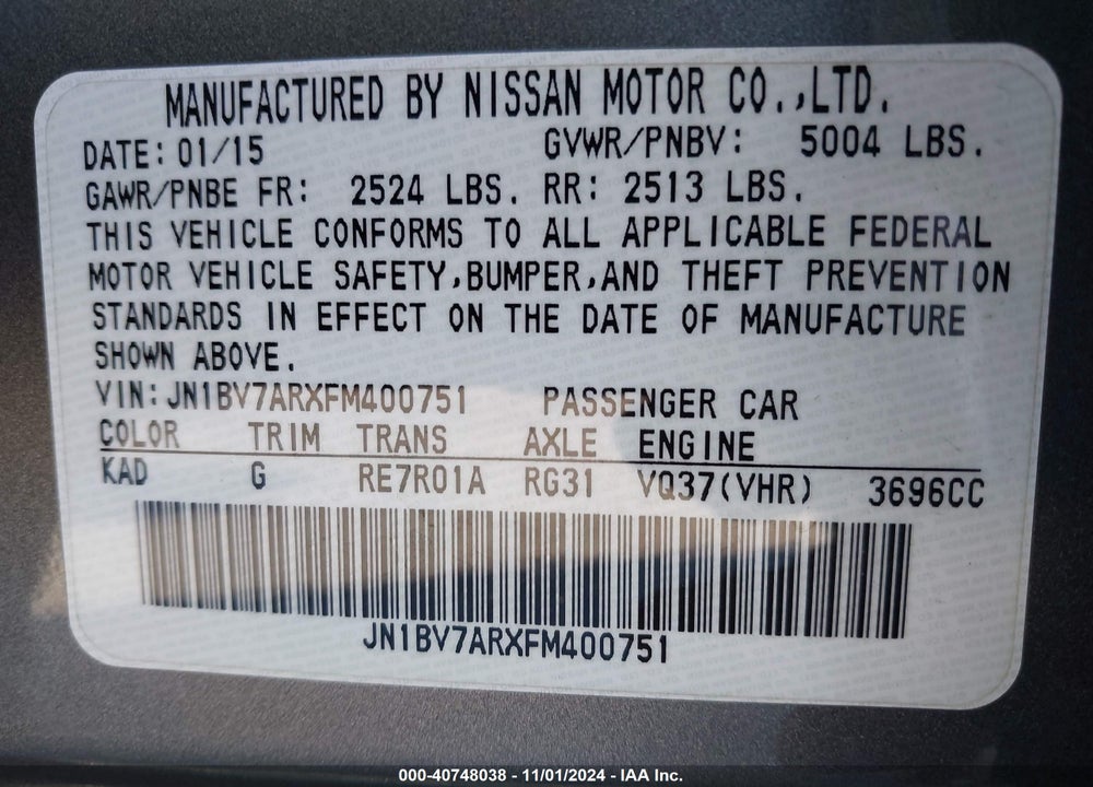 2015 INFINITI Q50 VIN: JN1BV7ARXFM400751