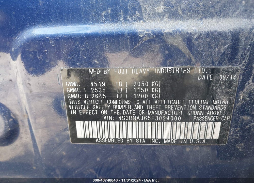 2015 SUBARU LEGACY 2.5I LIMITED VIN: 4S3BNAJ65F3024000