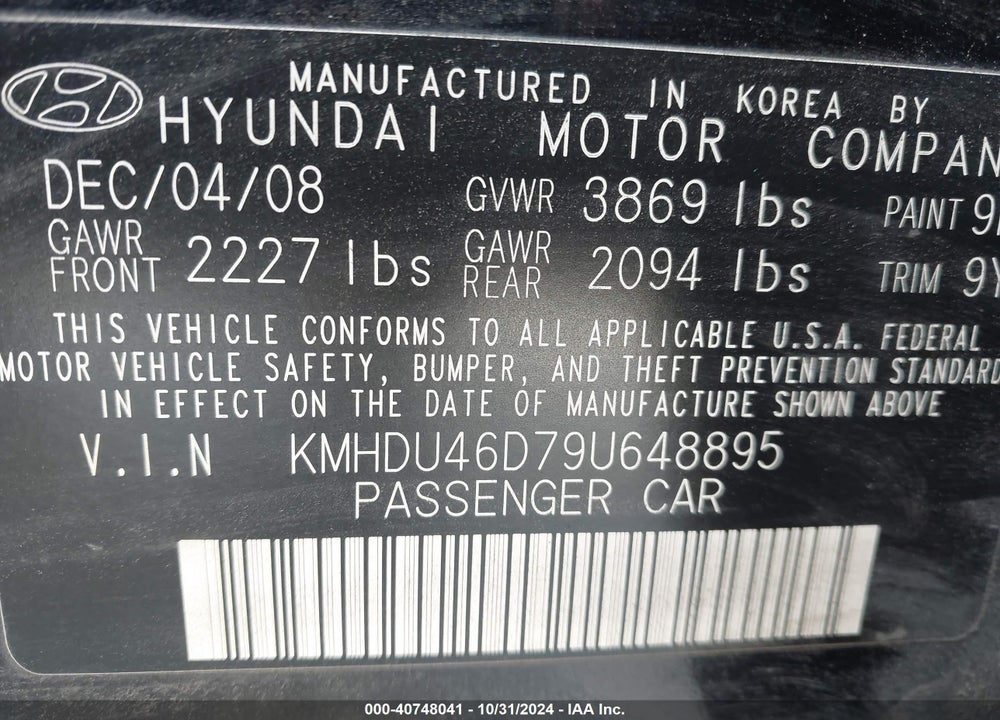 2009 HYUNDAI ELANTRA SE VIN: KMHDU46D79U648895