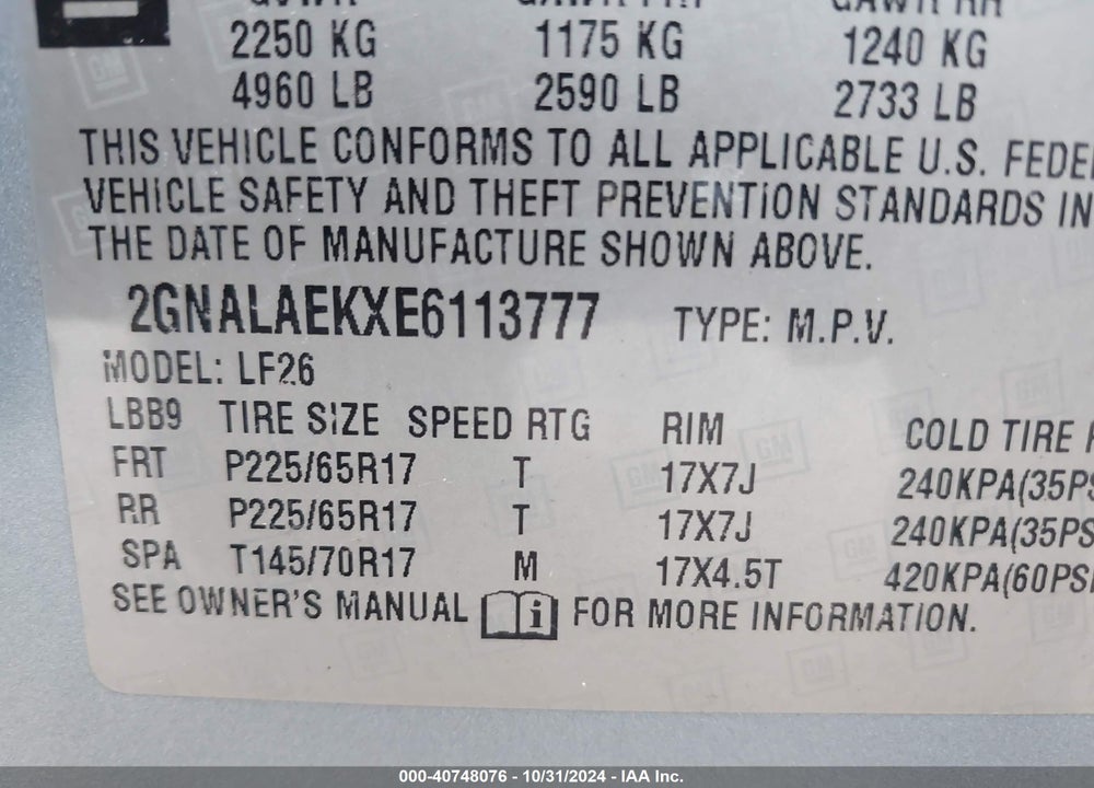 2014 CHEVROLET EQUINOX LS VIN: 2GNALAEKXE6113777