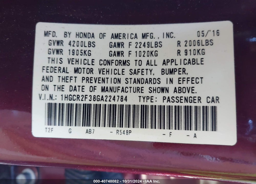 2016 HONDA ACCORD LX VIN: 1HGCR2F38GA224784