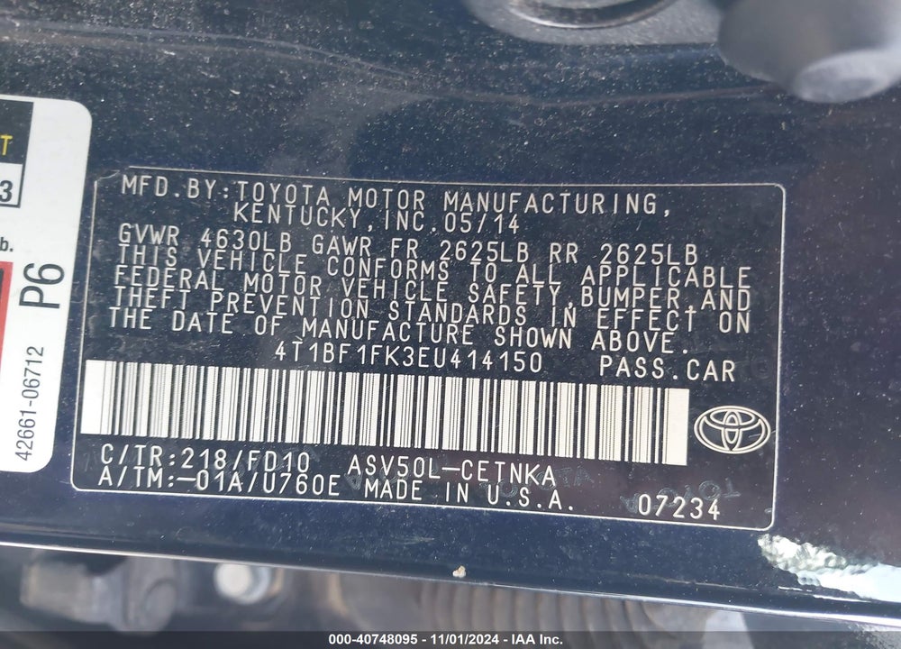 2014 TOYOTA CAMRY LE VIN: 4T1BF1FK3EU414150