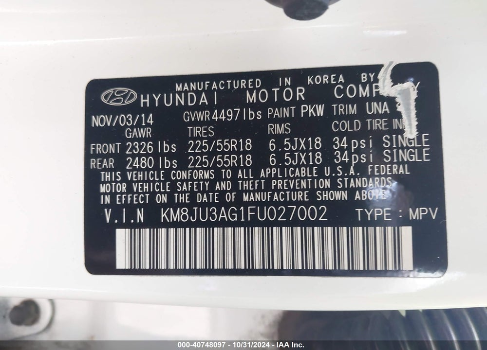 2015 HYUNDAI TUCSON LIMITED VIN: KM8JU3AG1FU027002